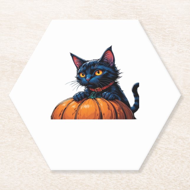 Porta-copo De Papel Gato de Halloween no Patch de Abóbora Enfeitiçada  (Frente)