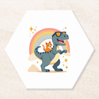 Porta-copo De Papel Gato Montando Dinossauro T-Rex Gatinho Arco-Íris D