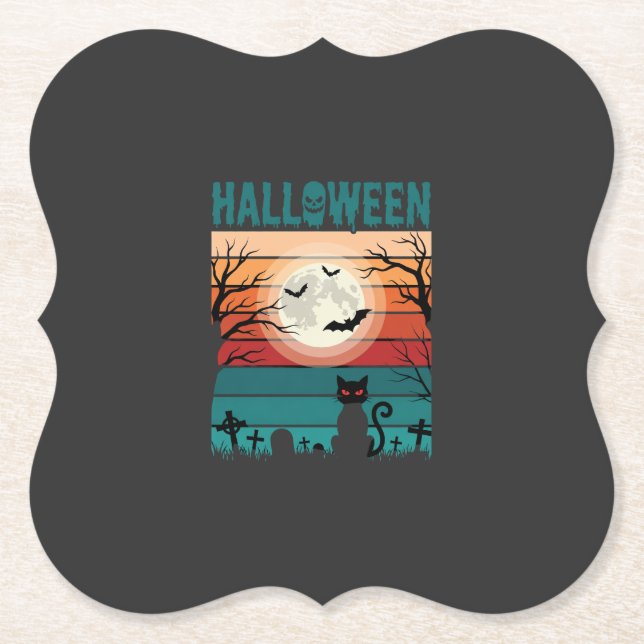 Porta-copo De Papel Gato Preto De Halloween Lua Cemitério Vetor Retro  (Frente)