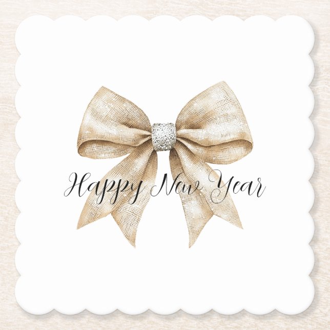 Porta-copo De Papel Glitzy Silver Cream Bow New Year's Eve (Frente)
