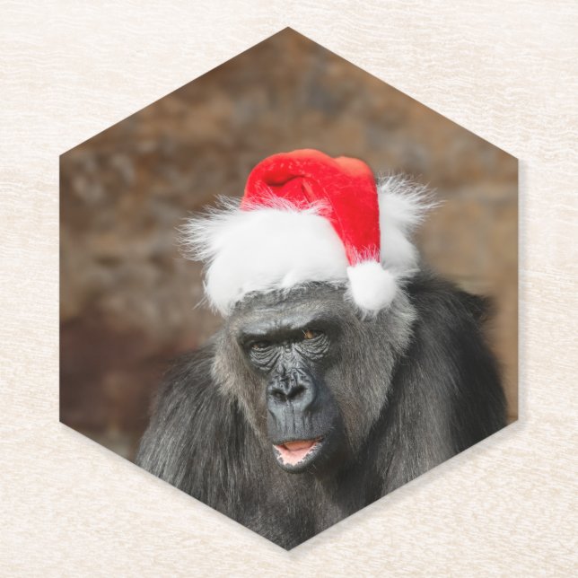 Porta-copo De Papel Gorilla Biddy em um Chapéu Festivo de Natal (Frente)