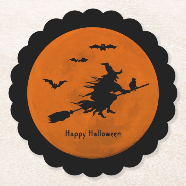 Porta-copo De Papel Halloween Black Wicked Witch Flying Orange Moon (Frente)