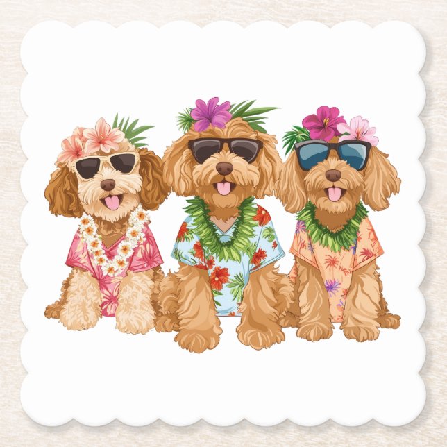 Porta-copo De Papel Hawaiian Goldendoodle Dogs Flower Lei (Frente)