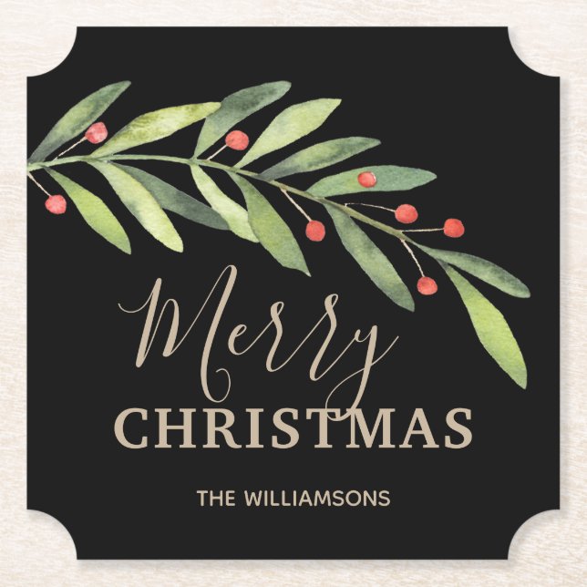 Porta-copo De Papel Holly e Berries no Natal Negro (Frente)