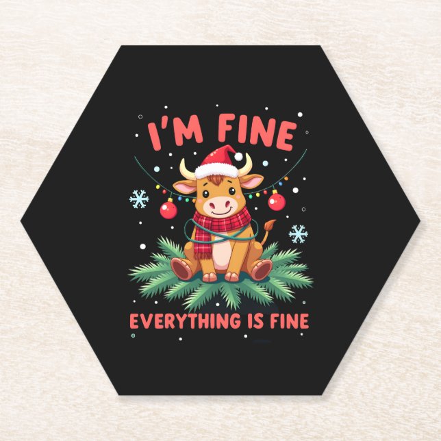 Porta-copo De Papel I'm Fine Everything is Fine Christmas Highland Cow (Frente)