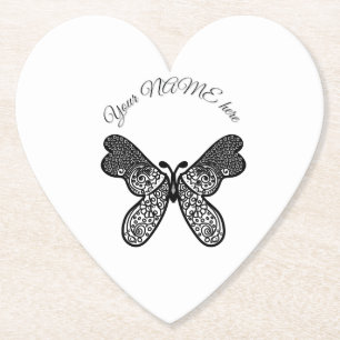 Porta-copo De Papel Intrincado Mandala Boho Borboleta Preto e Branco A