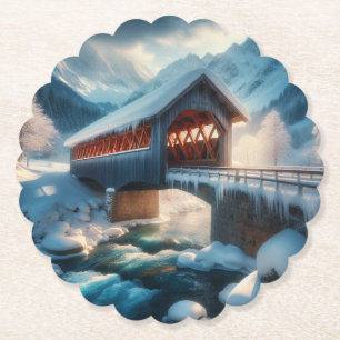 Porta-copo De Papel Inverno, ponte coberta por neve e rio