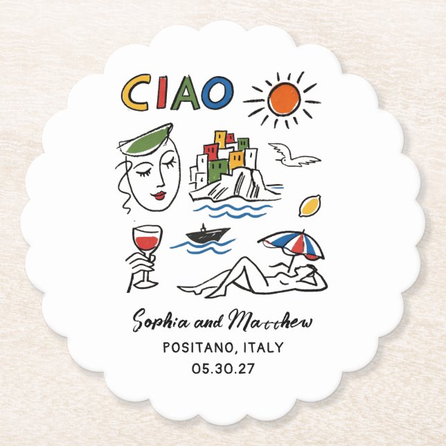 Porta-copo De Papel Italian Wedding Hand Drawn Amalfi Coast Modern  (Frente)