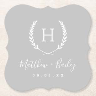 Porta-copo De Papel Laurel Crest Wedding Monograma   CINZAS