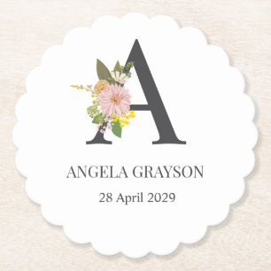 Porta-copo De Papel Letra A de Monograma Floral Nome e Data Personaliz