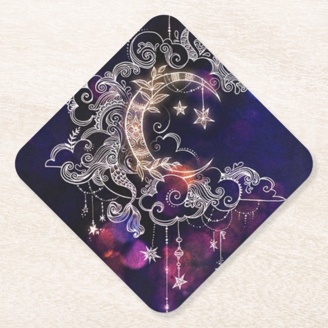 Porta-copo De Papel Linda Lua Boho Stars Azul Roxo (Frente)