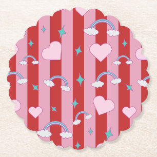 Porta-copo De Papel Listras rosa e vermelha com arco-íris e corações