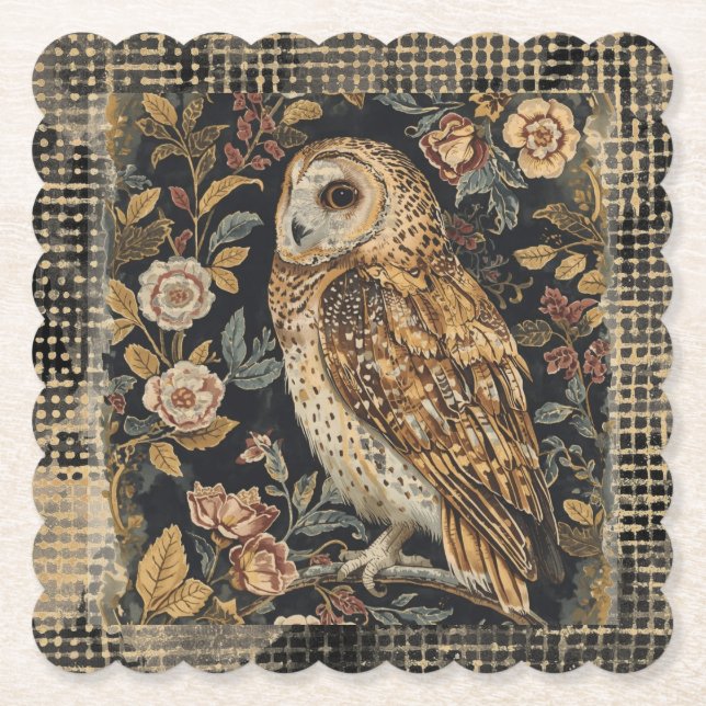 Porta-copo De Papel Lovely Owl in the Flowers Garden ,Gold Checkered (Frente)