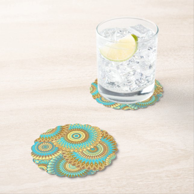 Porta-copo De Papel Mandala Sobreposta Azul Marrom Dourado (Insitu)