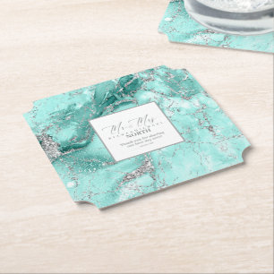 Porta-copo De Papel Marble Glitter Wedding Mr. & Mrs Teal Silver ID644
