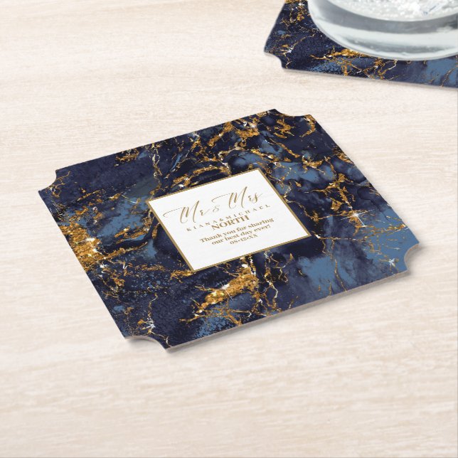 Porta-copo De Papel Marble Glitter Wedding Sr. & Sra. Marinho Blue ID6 (Angular)