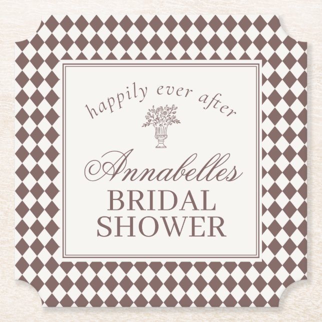 Porta-copo De Papel Mocha Brown Harlequin Checkered Bridal Shower (Frente)