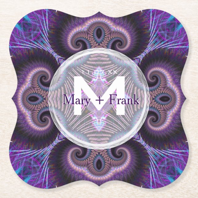 Porta-copo De Papel Monograma de Fractais de Mandala Roxo (Frente)