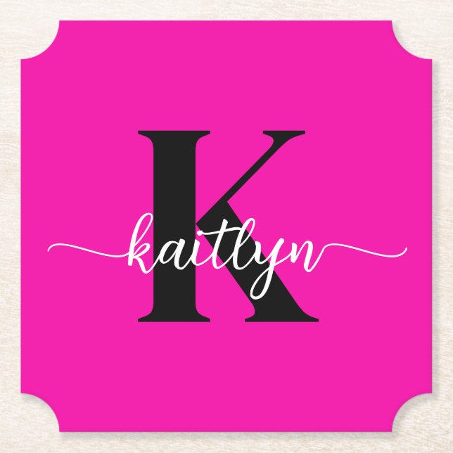 Porta-copo De Papel Monograma Preto Rosa Quente (Frente)