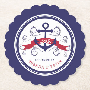 Porta-copo De Papel Monogramas de casamento de âncora náutica, azul-