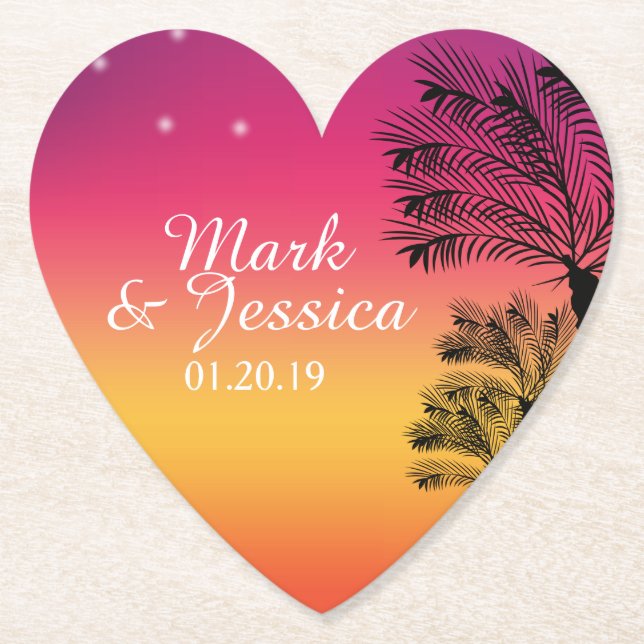 Porta-copo De Papel Neon Pink Ombre Tropical Tree Sunset Beach (Frente)