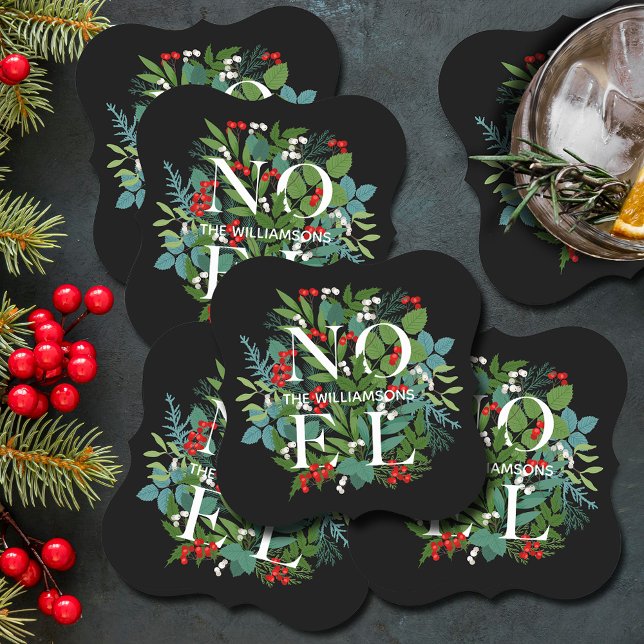 Porta-copo De Papel NOEL Greenery Holiday Black (NOEL winter greenery and berries on black holiday bracket paper coasters)