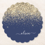 Porta-copo De Papel Nome da Rapariga do Monograma de Script Azul do Ma<br><div class="desc">Portas copos de papel de nome do script de brilho brilhante do Sparkle azul e Dourado do marinho. Isso faz a formatura perfeita,  aniversário,  casamento,  chá de panela,  aniversário,  chá de fraldas ou presente de festa de solteira para alguém que ama luxo de vidro e estilos quíticos.</div>