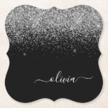 Porta-copo De Papel Nome da Rapariga do Script de Largura Preta do Sil<br><div class="desc">Portas copos de papel de nome do monograma do script Glitter Glitter de Preto e Silver Sparkle. Isso faz a formatura perfeita,  aniversário,  casamento,  chá de panela,  aniversário,  chá de fraldas ou presente de festa de solteira para alguém que ama luxo de vidro e estilos quíticos.</div>