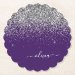 Porta-copo De Papel Nome do Monograma da Rapariga Roxa de Prata<br><div class="desc">Portas copos de papel de nome do monograma do script Glitter roxo e Silver Sparkle. Isso faz a formatura perfeita,  aniversário,  casamento,  chá de panela,  aniversário,  chá de fraldas ou presente de festa de solteira para alguém que ama luxo de vidro e estilos quíticos.</div>
