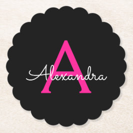 Porta-copo De Papel Nome do Monograma Girly Black Script Hot-Pink