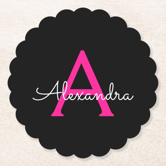 Porta-copo De Papel Nome do Monograma Girly Black Script Hot-Pink (Frente)