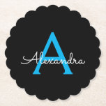 Porta-copo De Papel Nome do Monograma Girly de Script Preto Azul<br><div class="desc">Portas copos de papel com nome de script simples preto e azul. Isso faz a formatura perfeita,  aniversário,  casamento,  chá de panela,  aniversário,  chá de fraldas ou presente de festa de solteira para alguém que ama luxo de vidro e estilos quíticos.</div>