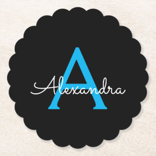 Porta-copo De Papel Nome do Monograma Girly de Script Preto Azul