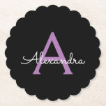 Porta-copo De Papel Nome do Monograma Girly de Script Preto Roxo<br><div class="desc">Portas copos de papel de nome de monograma de script simples preto e roxo. Isso faz a formatura perfeita,  aniversário,  casamento,  chá de panela,  aniversário,  chá de fraldas ou presente de festa de solteira para alguém que ama luxo de vidro e estilos quíticos.</div>