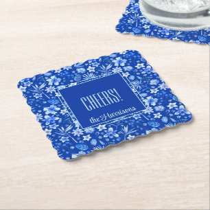 Porta-copo De Papel Nome, Flores e Folhas Tropicais Azul Cobalto