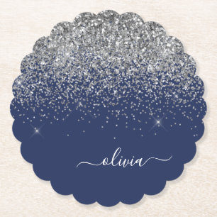 Porta-copo De Papel Nome Monograma Glitter Azul Naval Prateado Feminin