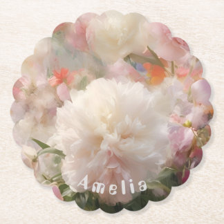 Porta-copo De Papel Nome Peônias Rosa e Branco Pintura Aquarela