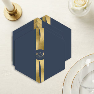 Porta-copo De Papel Ondas Esculturais Casamento Azul Naval Dourado ID1