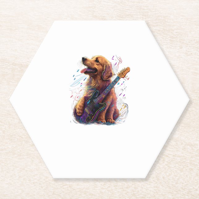 Porta-copo De Papel Ouro Retriever cão Tocando Violão Elétrico (Frente)