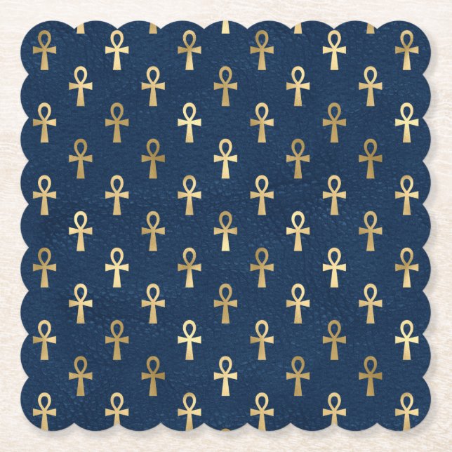 Porta-copo De Papel Padrão Ankh Egípcio Dourado e Azul (Frente)
