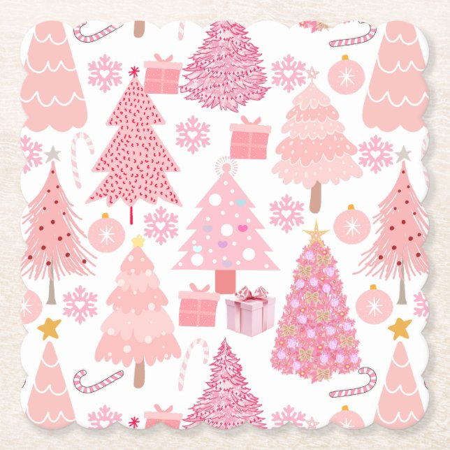Porta-copo De Papel Padrão de Árvores de Natal Rosa (Frente)