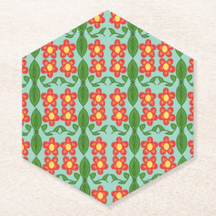 Porta-copo De Papel Padrão de Flor e Folha de Arte Popular Vermelha Pe