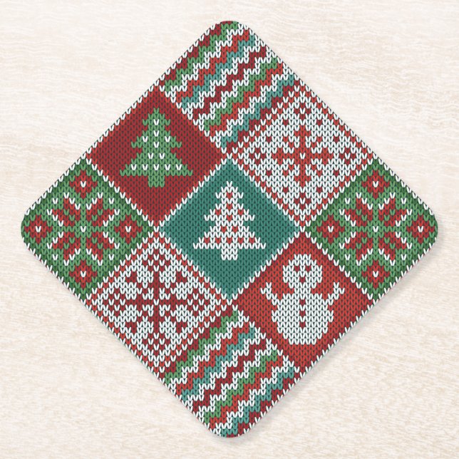 Porta-copo De Papel Padrão de Natal do Knit Branco Verde Vermelho (Frente)