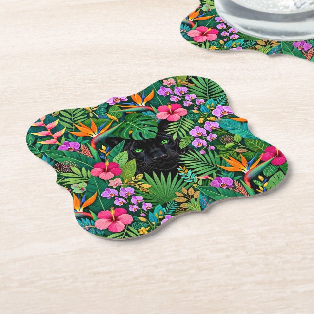 Porta-copo De Papel Pantera Preta Flores da Selva & Folhagem Tropical (Angular)