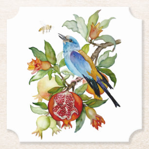 Porta-copo De Papel Pássaro Azul Entre Romãs Aquarela Botânica