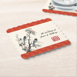 Porta-copo De Papel Pássaro de flor vermelha casamento chinês oriental
