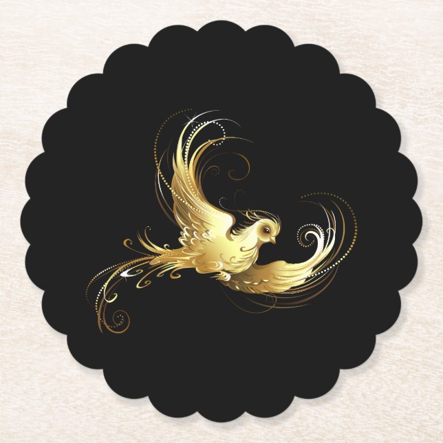 Porta-copo De Papel Pássaro ouro sobre fundo preto (Frente)