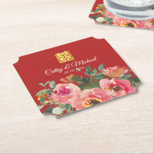 Porta-copo De Papel Peony floral dupla felicidade chinesa vermelha de 