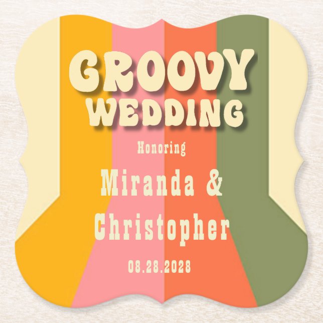 Porta-copo De Papel Personalizado para Casamento Hippie Groovy Stripes (Frente)