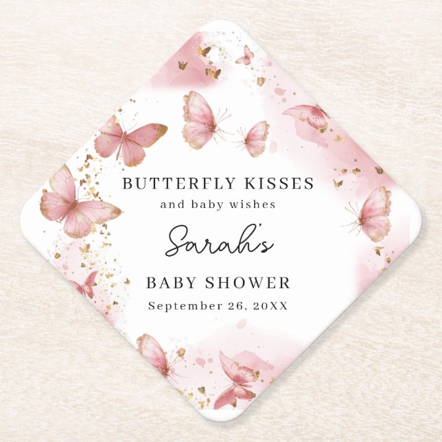Porta-copo De Papel Personalized Pink Butterfly Baby Shower Coaster (Frente)